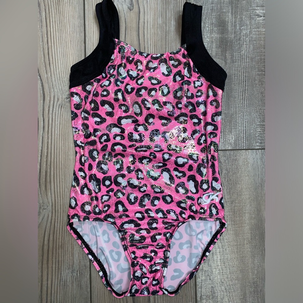 GK Kids Leotard Black Velour Neon Pink Leopard Print Sparkle Leo Child Large